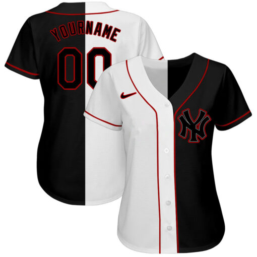 Custom New York Yankees White Black Red Authentic Split Fashion Baseball Jersey